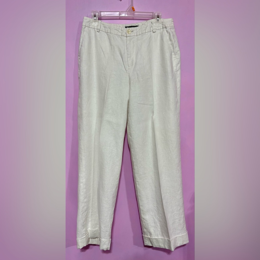 Lauren Ralph Lauren White Linen Straight Leg Trousers